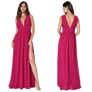 Lulu's Fuchsia Plunge V-Neck Maxi Dress with Side Slit